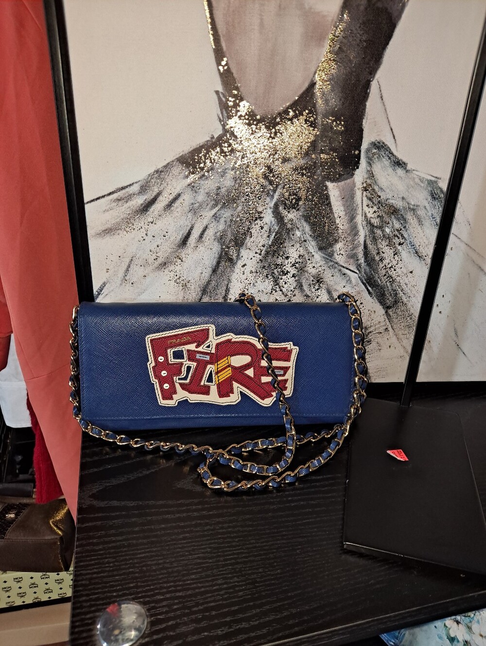 Prada Fire, Blue Chain-strap Women’s Crossbody Bag with Graphic Patch